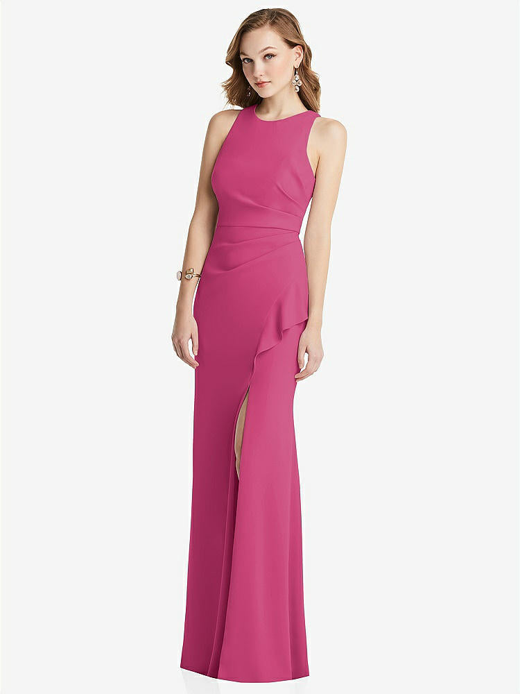 【STYLE: 3081】Halter Maxi Dress with Cascade Ruffle Slit【COLOR: Tea Rose】