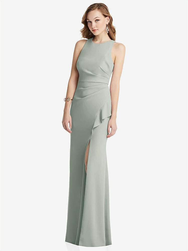 【STYLE: 3081】Halter Maxi Dress with Cascade Ruffle Slit【COLOR: Willow Green】