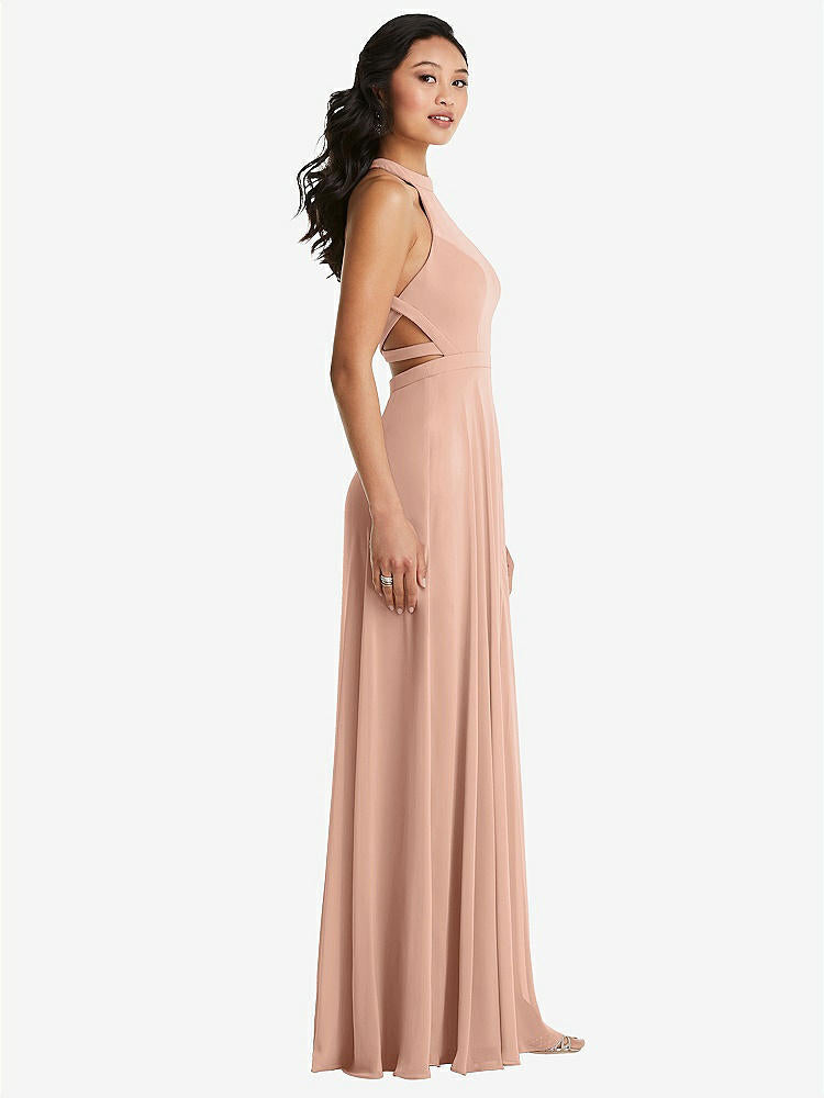 【STYLE: 3082】Stand Collar Halter Maxi Dress with Criss Cross Open-Back【COLOR: Pale Peach】