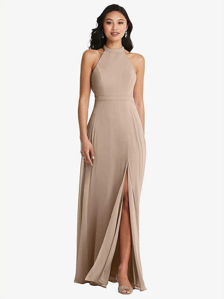 【STYLE: 3082】Stand Collar Halter Maxi Dress with Criss Cross Open-Back【COLOR: Topaz】