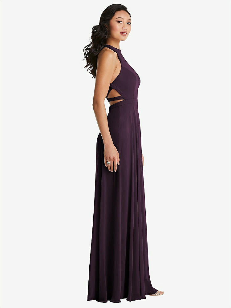 【STYLE: 3082】Stand Collar Halter Maxi Dress with Criss Cross Open-Back【COLOR: Aubergine】