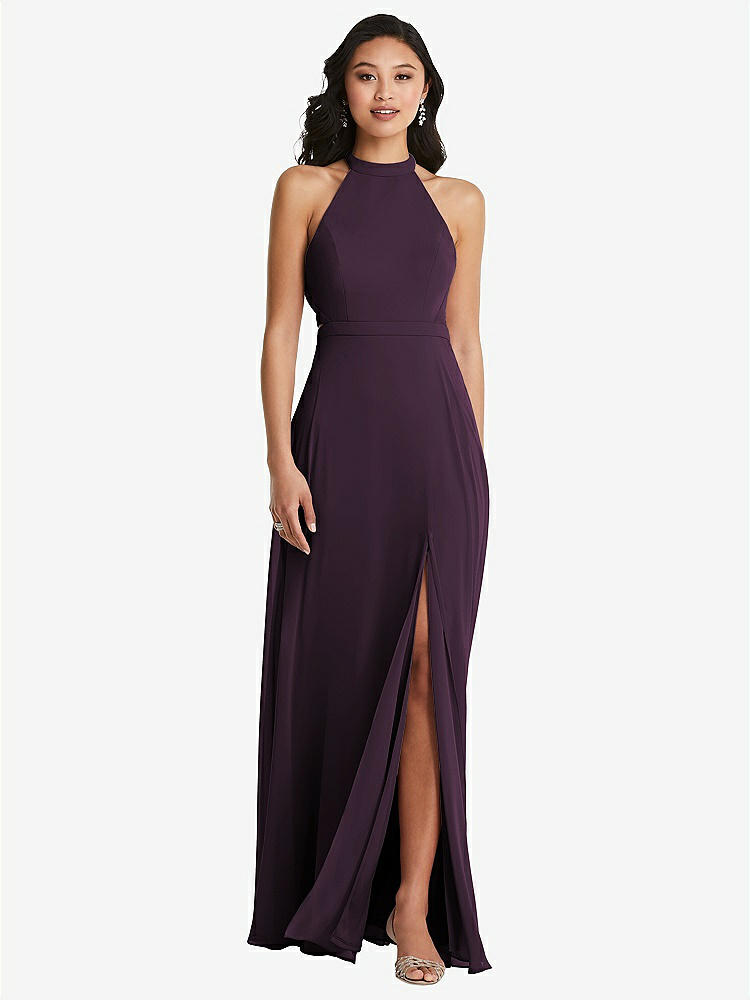 【STYLE: 3082】Stand Collar Halter Maxi Dress with Criss Cross Open-Back【COLOR: Aubergine】