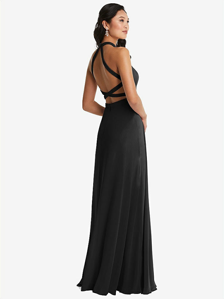 【STYLE: 3082】Stand Collar Halter Maxi Dress with Criss Cross Open-Back【COLOR: Black】