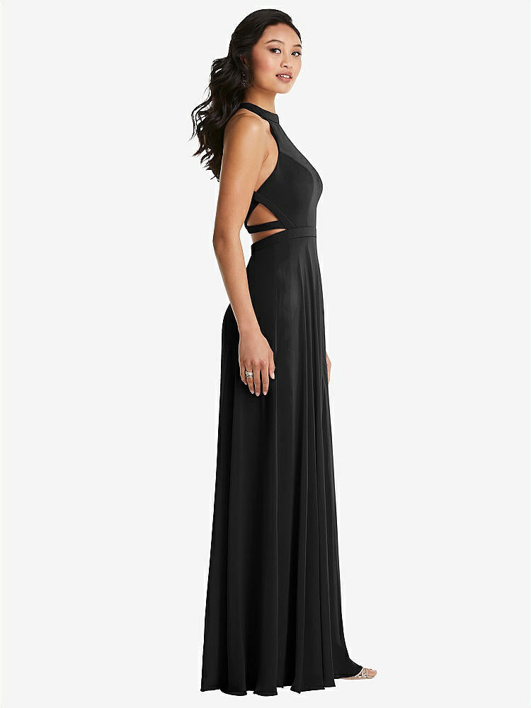 【STYLE: 3082】Stand Collar Halter Maxi Dress with Criss Cross Open-Back【COLOR: Black】