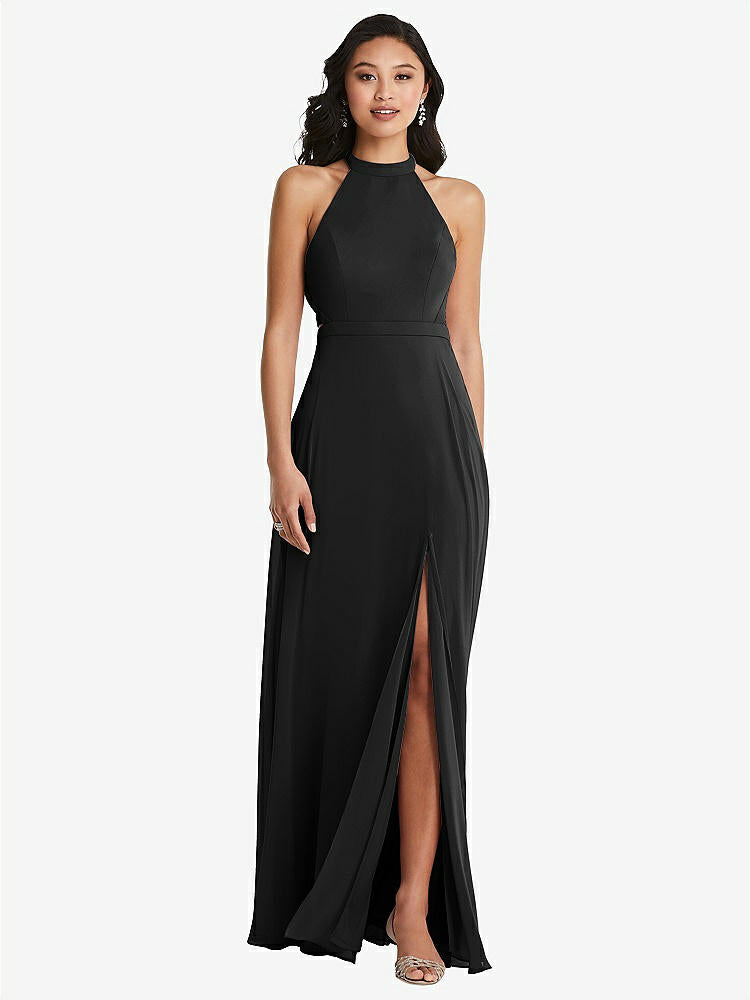 【STYLE: 3082】Stand Collar Halter Maxi Dress with Criss Cross Open-Back【COLOR: Black】