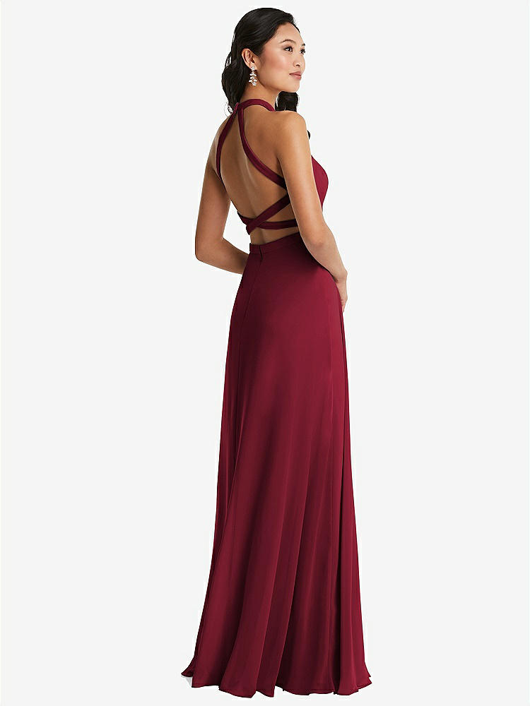【STYLE: 3082】Stand Collar Halter Maxi Dress with Criss Cross Open-Back【COLOR: Burgundy】