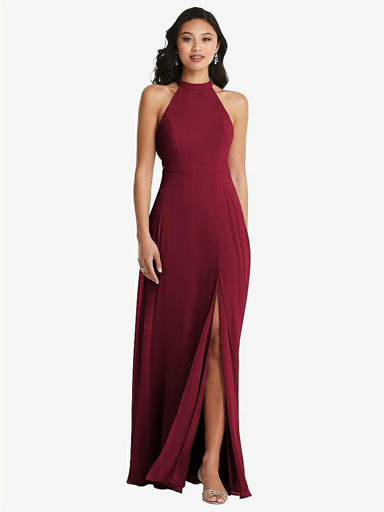 【STYLE: 3082】Stand Collar Halter Maxi Dress with Criss Cross Open-Back【COLOR: Burgundy】