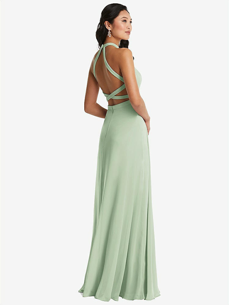 【STYLE: 3082】Stand Collar Halter Maxi Dress with Criss Cross Open-Back【COLOR: Celadon】