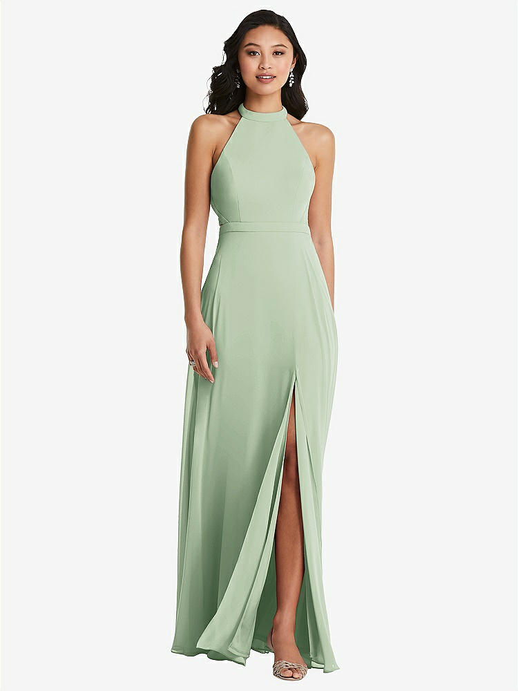 【STYLE: 3082】Stand Collar Halter Maxi Dress with Criss Cross Open-Back【COLOR: Celadon】