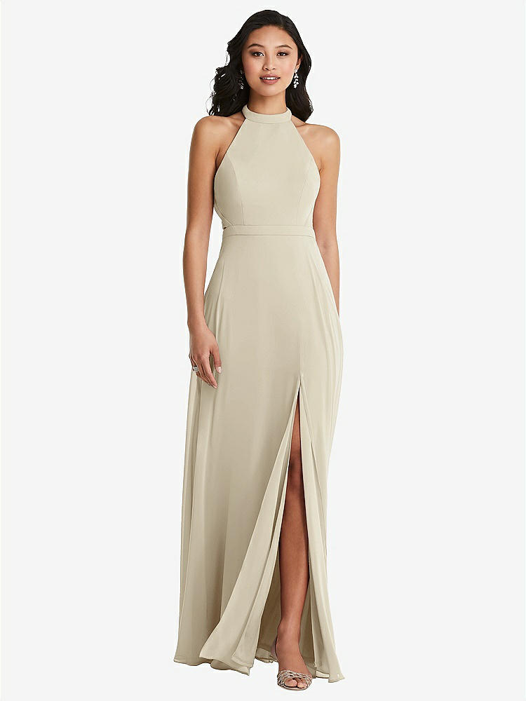 【STYLE: 3082】Stand Collar Halter Maxi Dress with Criss Cross Open-Back【COLOR: Champagne】