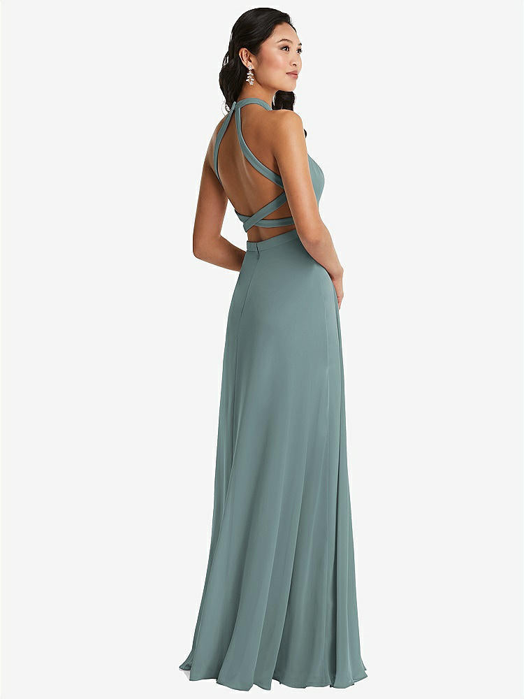 【STYLE: 3082】Stand Collar Halter Maxi Dress with Criss Cross Open-Back【COLOR: Icelandic】