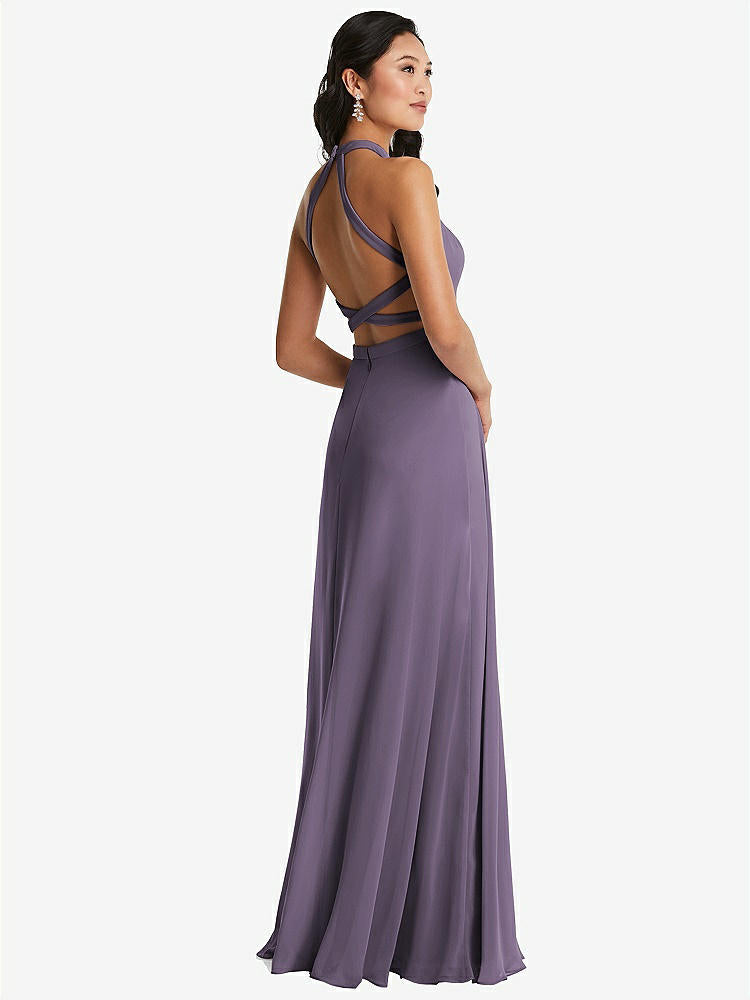 【STYLE: 3082】Stand Collar Halter Maxi Dress with Criss Cross Open-Back【COLOR: Lavender】