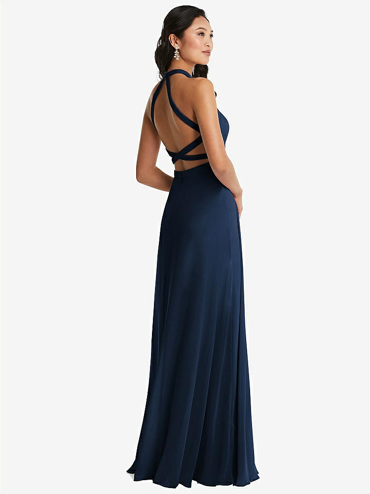 【STYLE: 3082】Stand Collar Halter Maxi Dress with Criss Cross Open-Back【COLOR: Midnight Navy】
