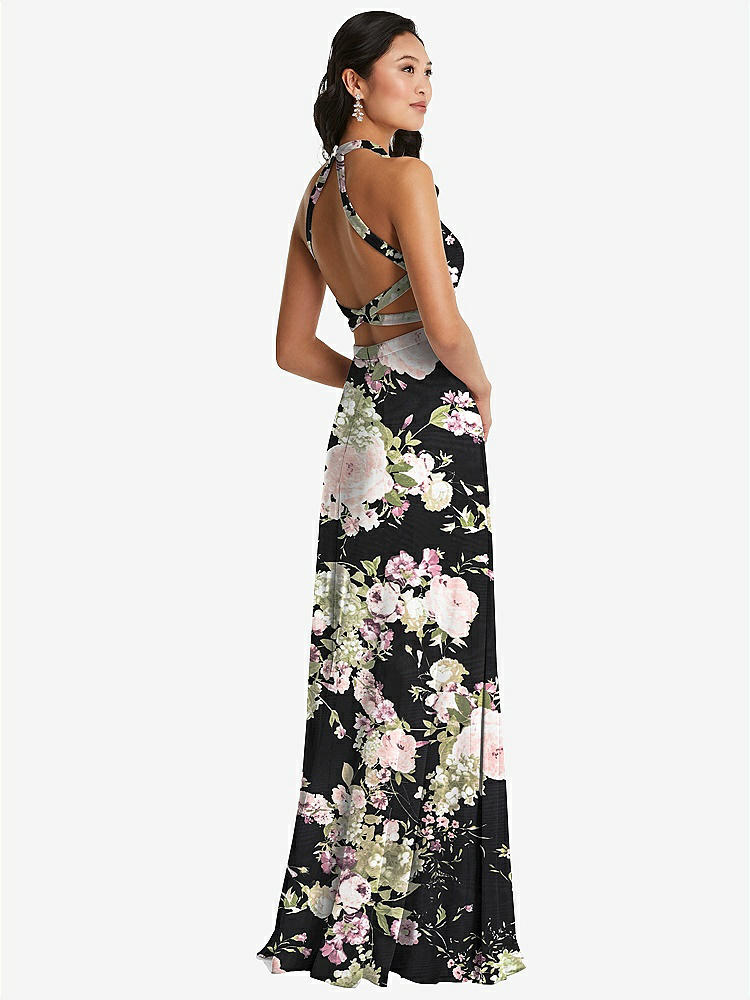 【STYLE: 3082】Stand Collar Halter Maxi Dress with Criss Cross Open-Back【COLOR: Noir Garden】