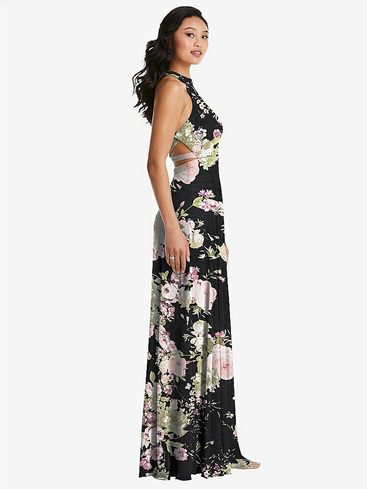 【STYLE: 3082】Stand Collar Halter Maxi Dress with Criss Cross Open-Back【COLOR: Noir Garden】