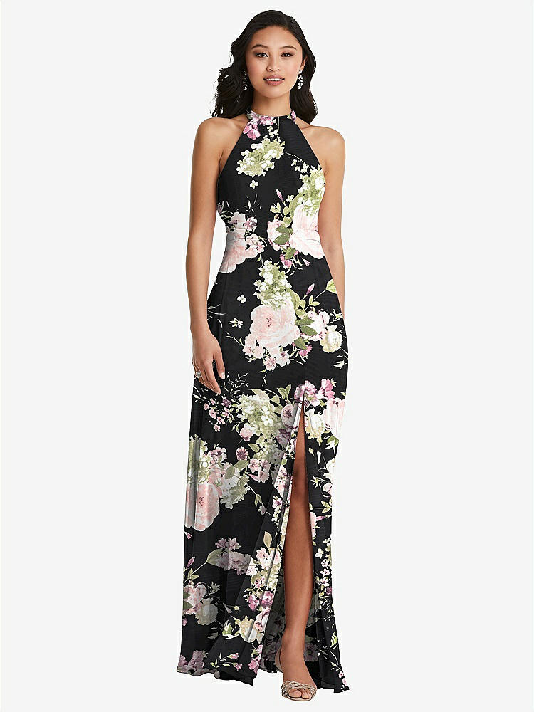 【STYLE: 3082】Stand Collar Halter Maxi Dress with Criss Cross Open-Back【COLOR: Noir Garden】