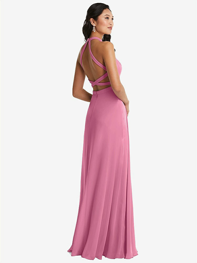 【STYLE: 3082】Stand Collar Halter Maxi Dress with Criss Cross Open-Back【COLOR: Orchid Pink】