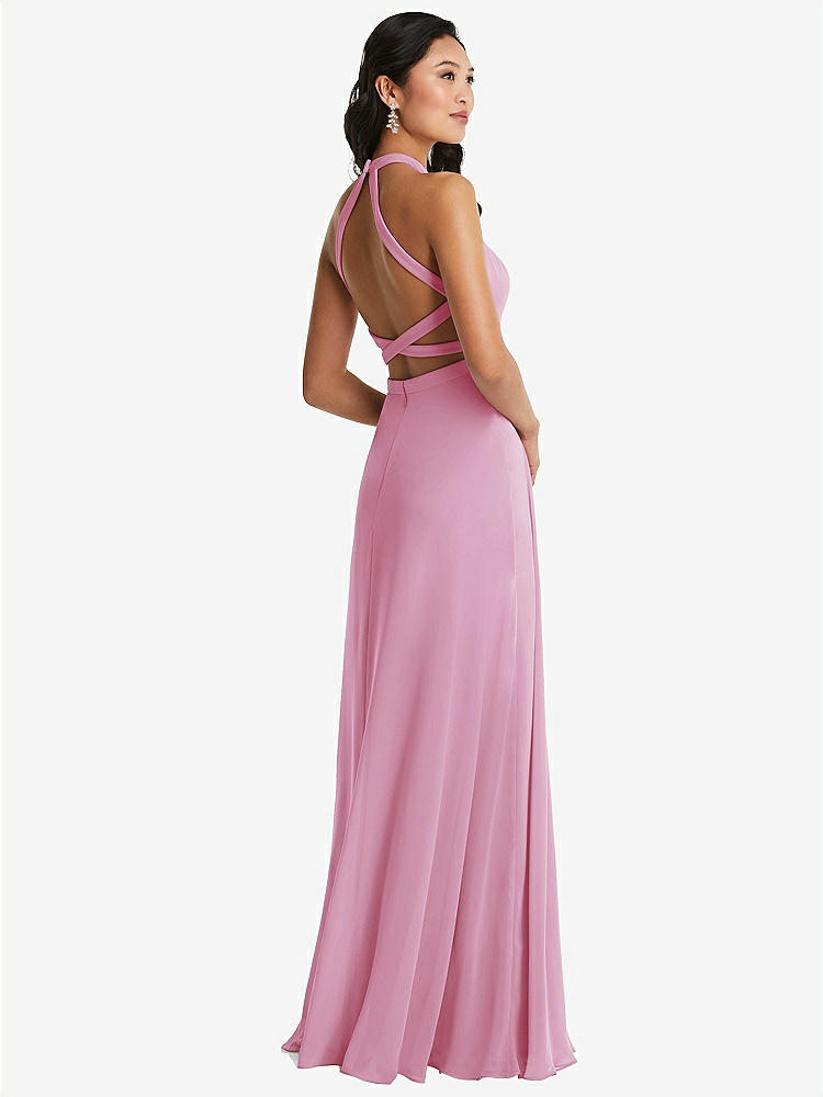 【STYLE: 3082】Stand Collar Halter Maxi Dress with Criss Cross Open-Back【COLOR: Powder Pink】