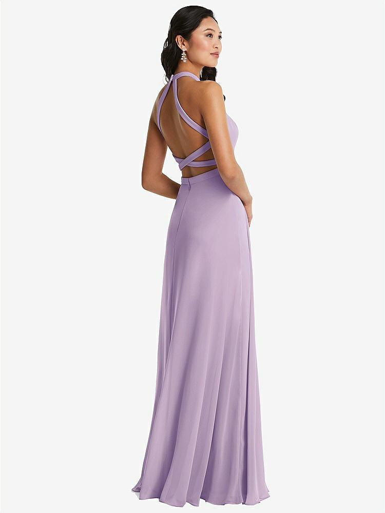 【STYLE: 3082】Stand Collar Halter Maxi Dress with Criss Cross Open-Back【COLOR: Pale Purple】