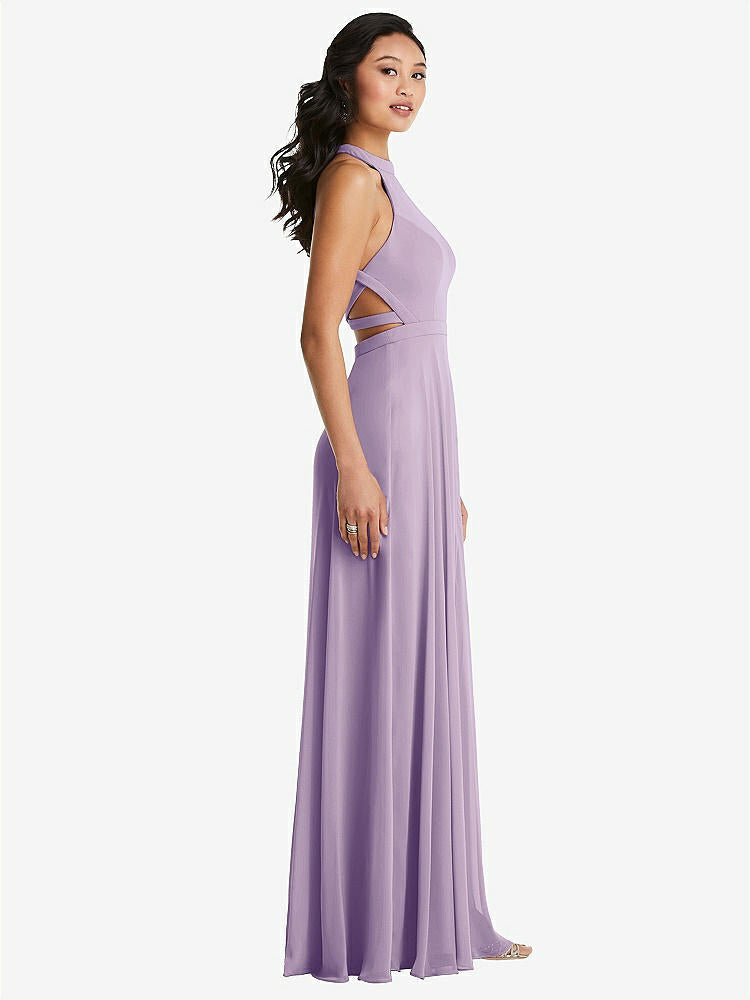 【STYLE: 3082】Stand Collar Halter Maxi Dress with Criss Cross Open-Back【COLOR: Pale Purple】