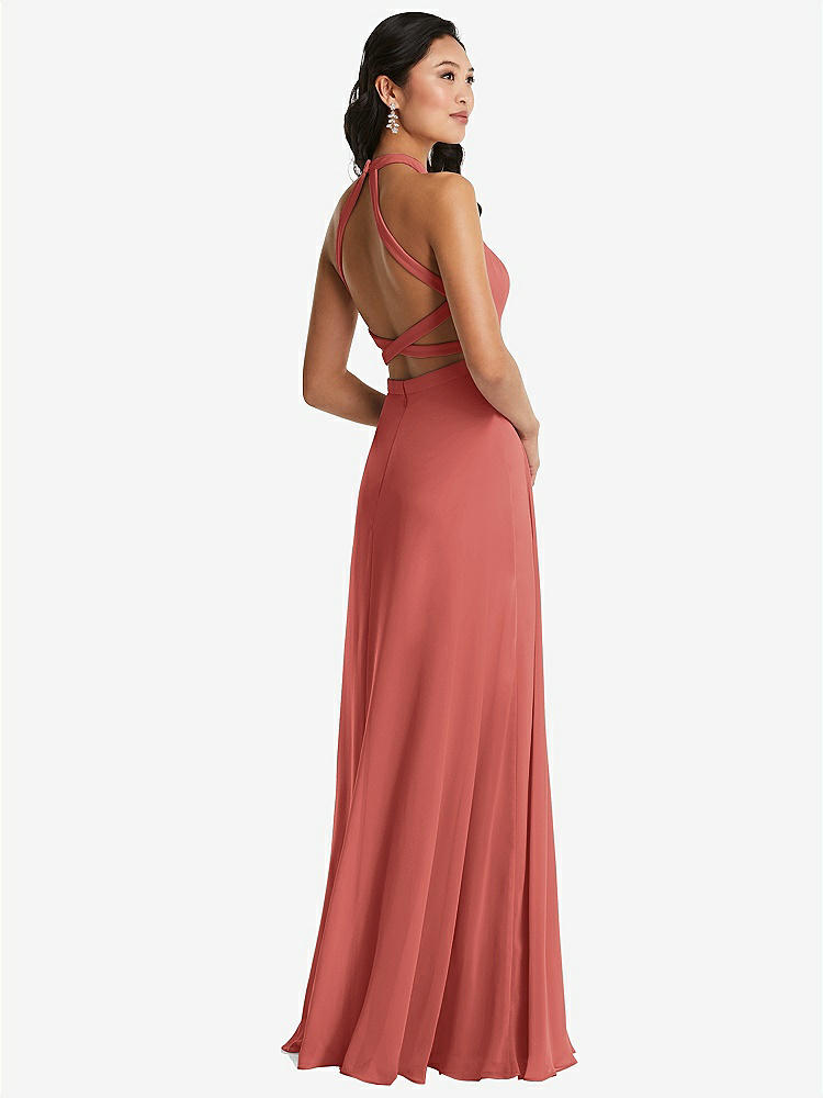 【STYLE: 3082】Stand Collar Halter Maxi Dress with Criss Cross Open-Back【COLOR: Coral Pink】