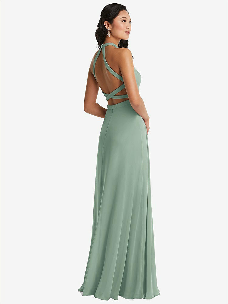 【STYLE: 3082】Stand Collar Halter Maxi Dress with Criss Cross Open-Back【COLOR: Seagrass】