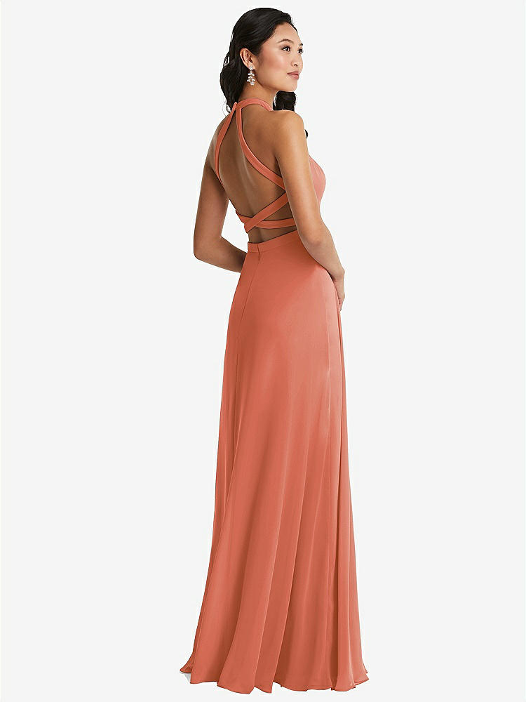 【STYLE: 3082】Stand Collar Halter Maxi Dress with Criss Cross Open-Back【COLOR: Terracotta Copper】