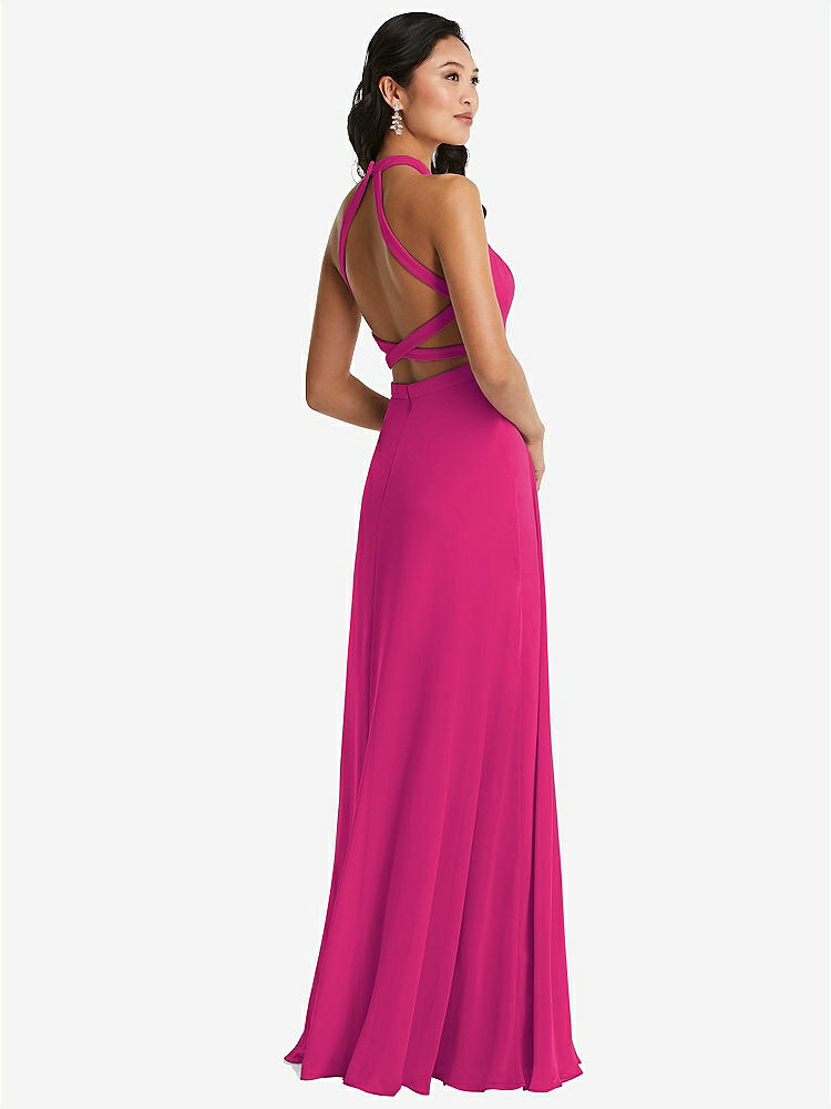【STYLE: 3082】Stand Collar Halter Maxi Dress with Criss Cross Open-Back【COLOR: Think Pink】