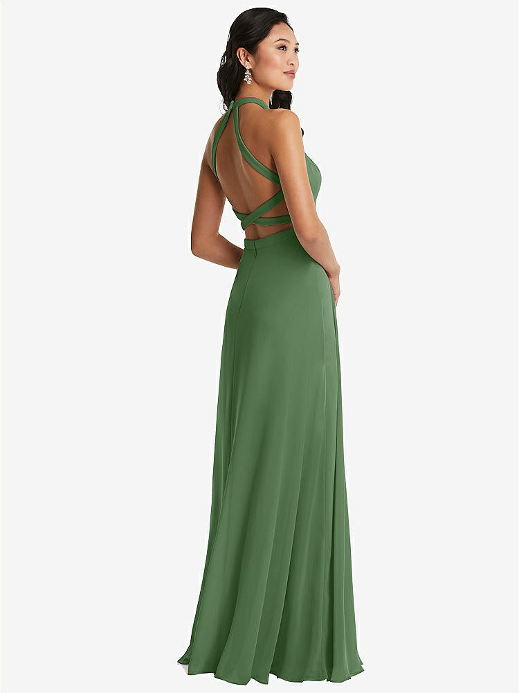 【STYLE: 3082】Stand Collar Halter Maxi Dress with Criss Cross Open-Back【COLOR: Vineyard Green】