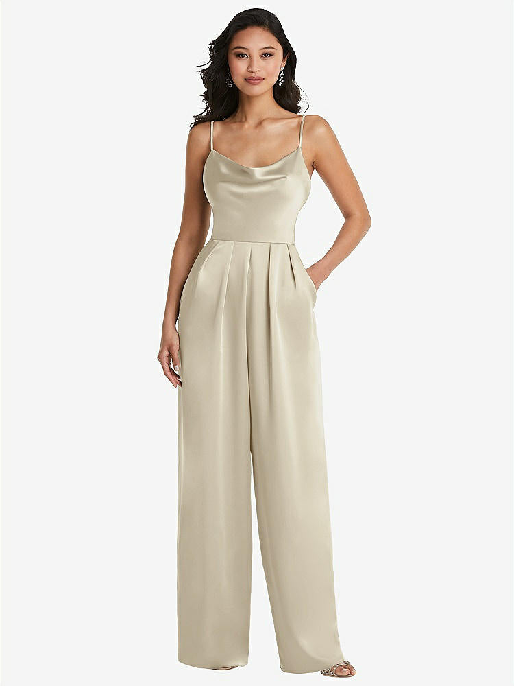 【STYLE: 3080】Cowl-Neck Spaghetti Strap Maxi Jumpsuit with Pockets【COLOR: Champagne】