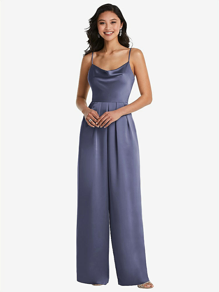 【STYLE: 3080】Cowl-Neck Spaghetti Strap Maxi Jumpsuit with Pockets【COLOR: French Blue】