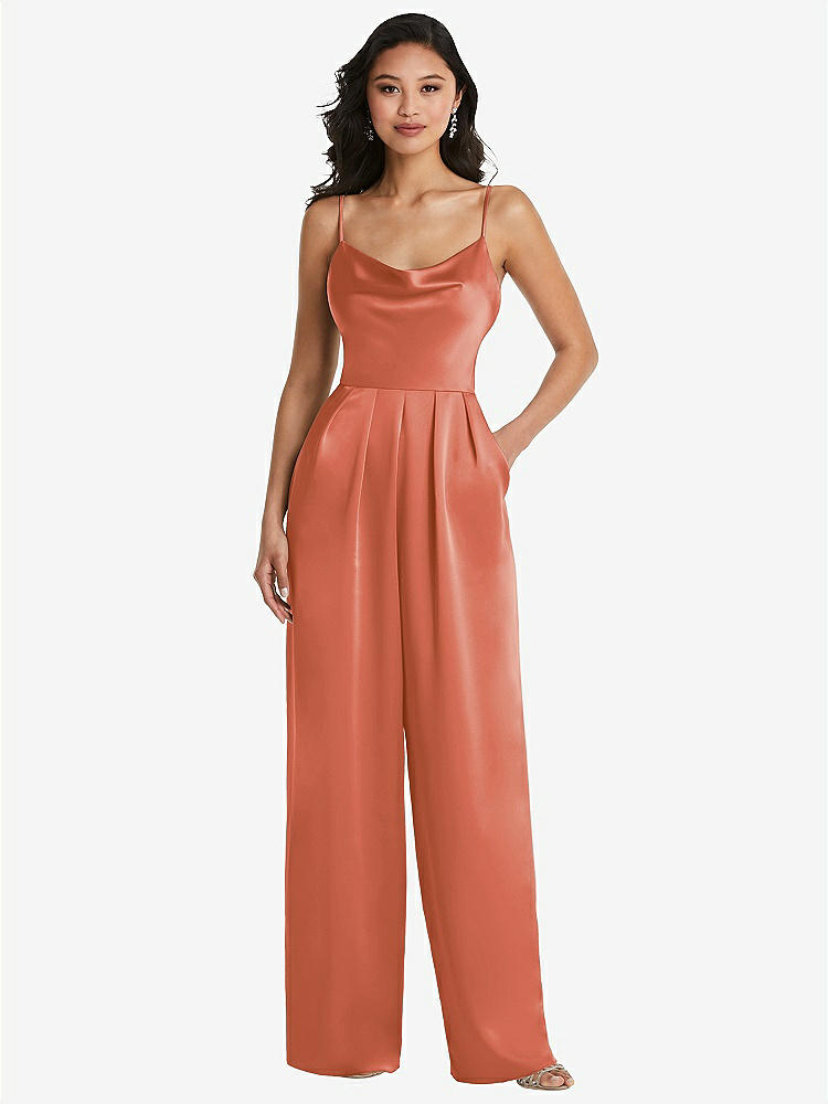 【STYLE: 3080】Cowl-Neck Spaghetti Strap Maxi Jumpsuit with Pockets【COLOR: Terracotta Copper】