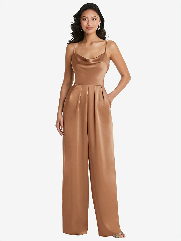 【STYLE: 3080】Cowl-Neck Spaghetti Strap Maxi Jumpsuit with Pockets【COLOR: Toffee】