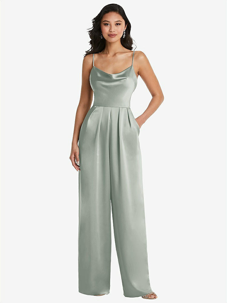 【STYLE: 3080】Cowl-Neck Spaghetti Strap Maxi Jumpsuit with Pockets【COLOR: Willow Green】