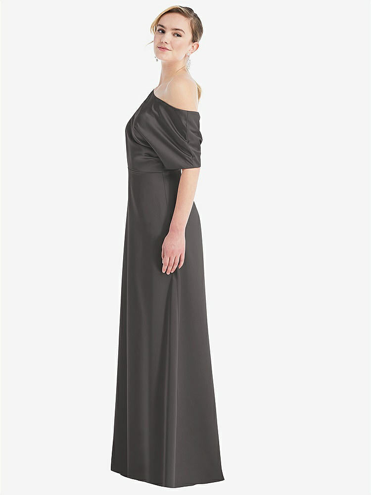 【NEW】【STYLE: 3076】ワンショルダー スリーブ ブルーソン トランペット ガウン【COLOR: Caviar Gray】【SIZE: 00-30W】