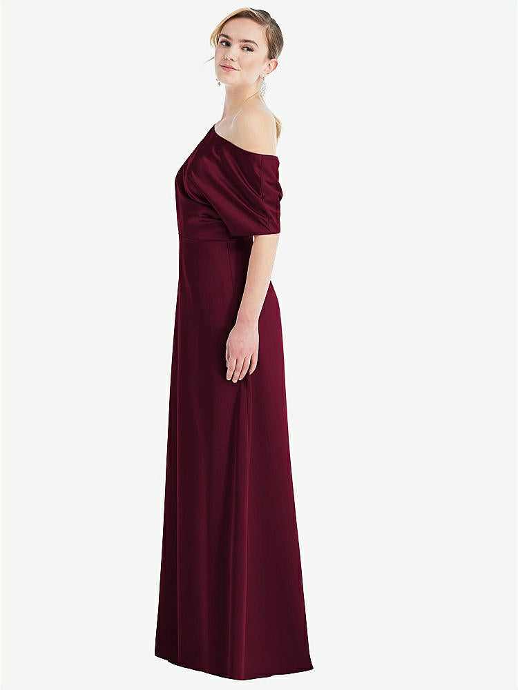 【NEW】【STYLE: 3076】ワンショルダー スリーブ ブルーソン トランペット ガウン【COLOR: Cabernet】【SIZE: 00-30W】