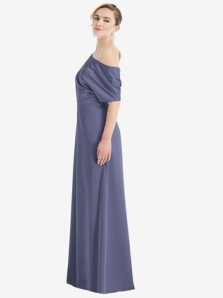 【NEW】【STYLE: 3076】ワンショルダー スリーブ ブルーソン トランペット ガウン【COLOR: French Blue】【SIZE: 00-30W】