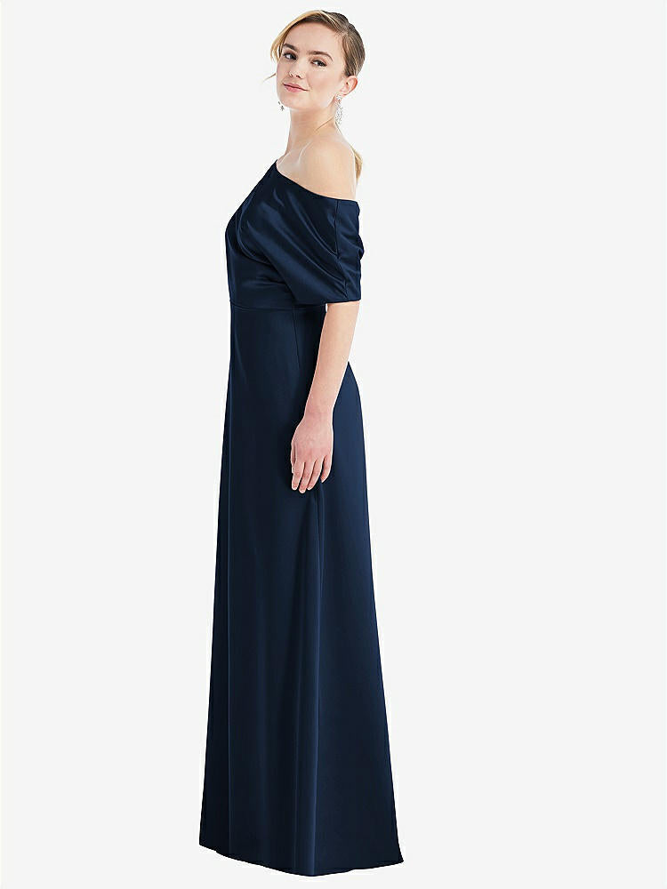 【NEW】【STYLE: 3076】ワンショルダー スリーブ ブルーソン トランペット ガウン【COLOR: Midnight Navy】【SIZE: 00-30W】
