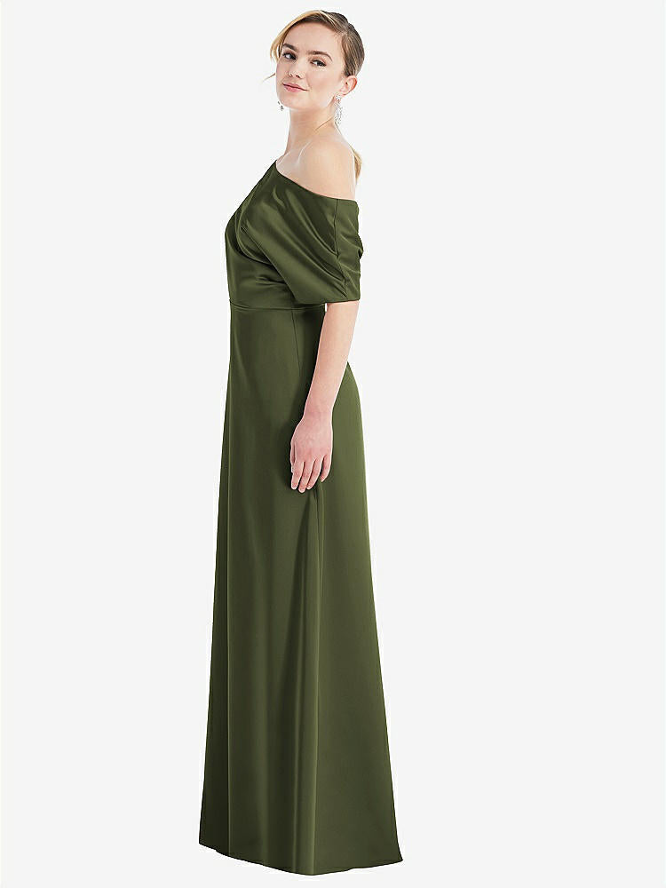 【NEW】【STYLE: 3076】ワンショルダー スリーブ ブルーソン トランペット ガウン【COLOR: Olive Green】【SIZE: 00-30W】