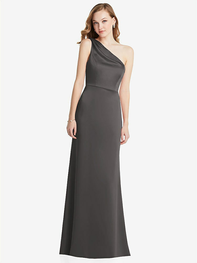 【NEW】【STYLE: LB028】shirred ワンショルダー サテン トランペット ドレス  -  マディ【COLOR: Caviar Gray】【SIZE: 00-30W】