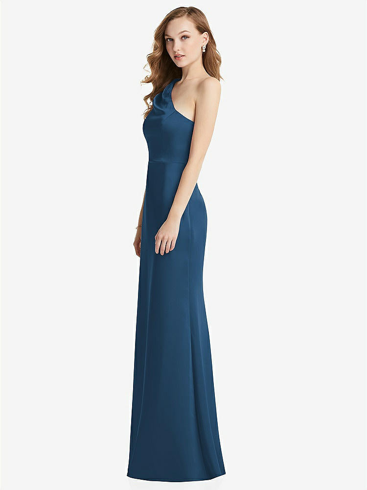 【STYLE: LB028】Shirred One-Shoulder Satin Trumpet Dress - Maddie【COLOR: Dusk Blue】