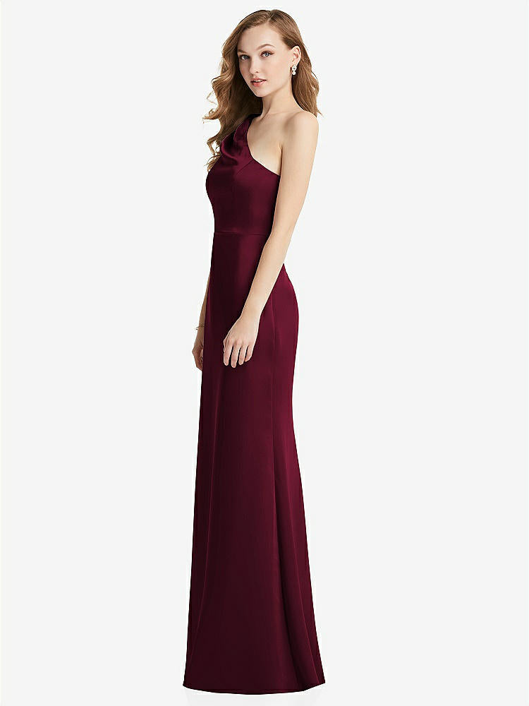 【NEW】【STYLE: LB028】shirred ワンショルダー サテン トランペット ドレス - マディ【COLOR: Cabernet】【SIZE: 00-30W】