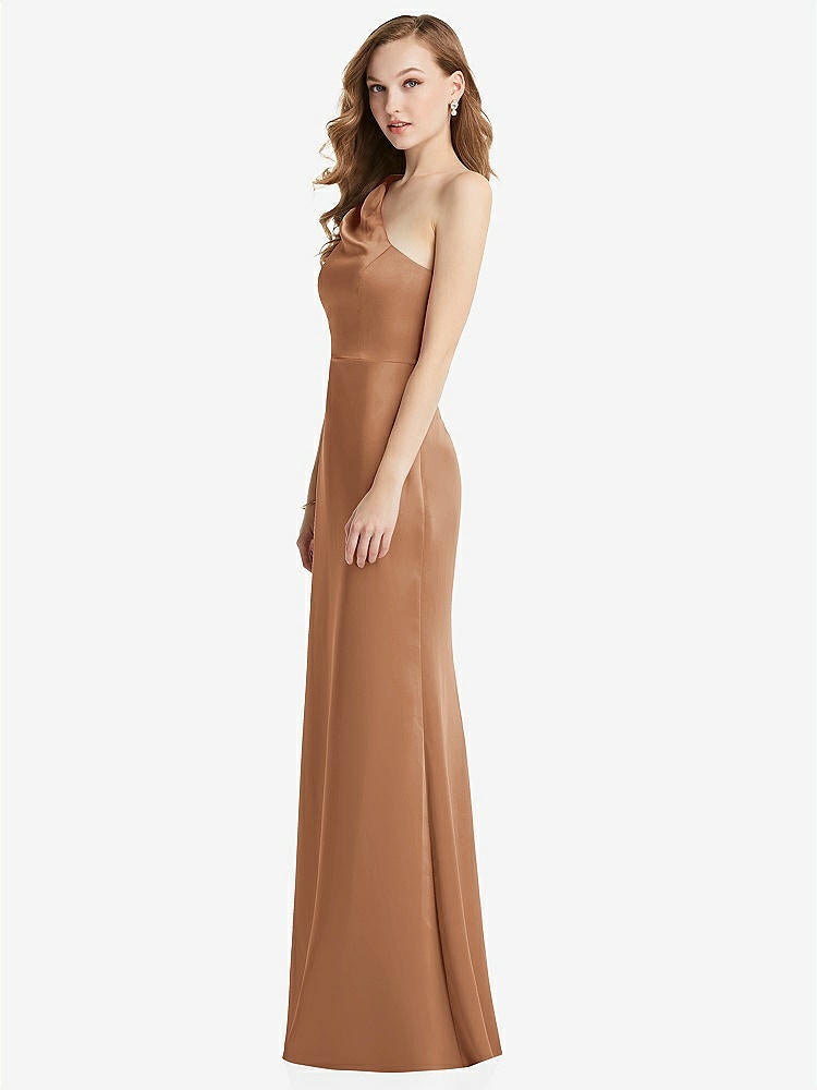 【STYLE: LB028】Shirred One-Shoulder Satin Trumpet Dress - Maddie【COLOR: Toffee】