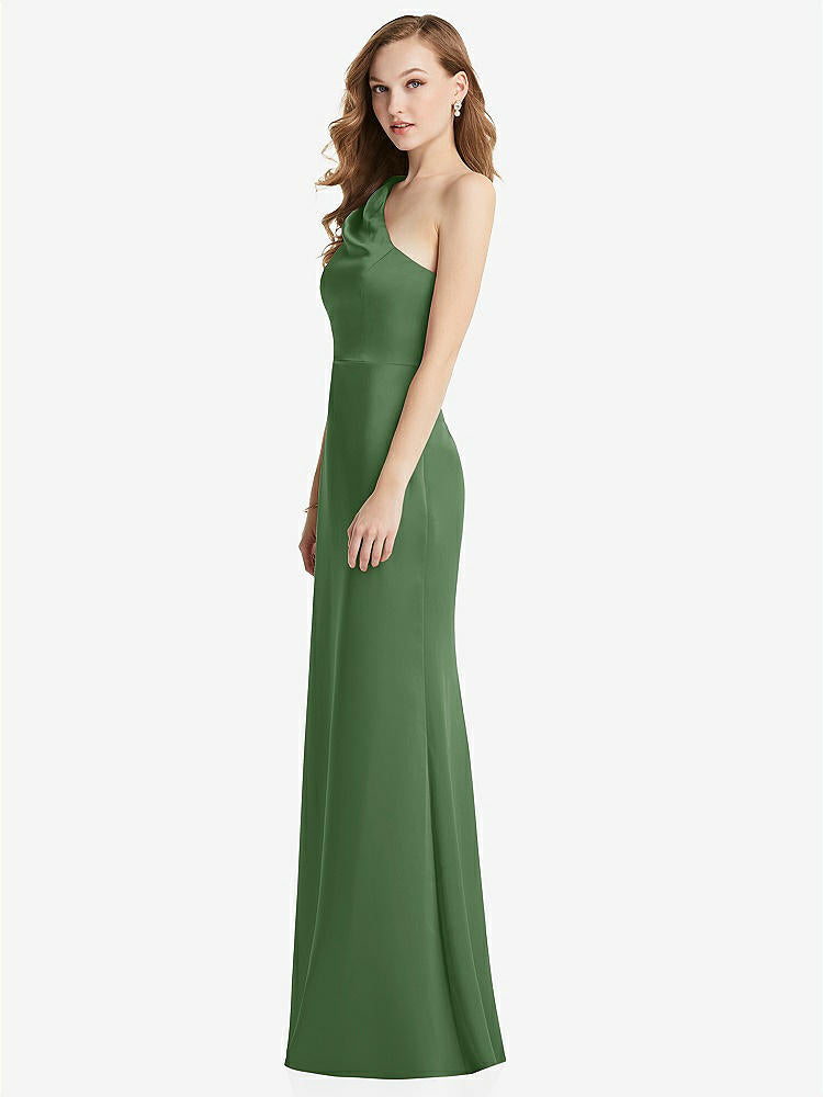 【STYLE: LB028】Shirred One-Shoulder Satin Trumpet Dress - Maddie【COLOR: Vineyard Green】