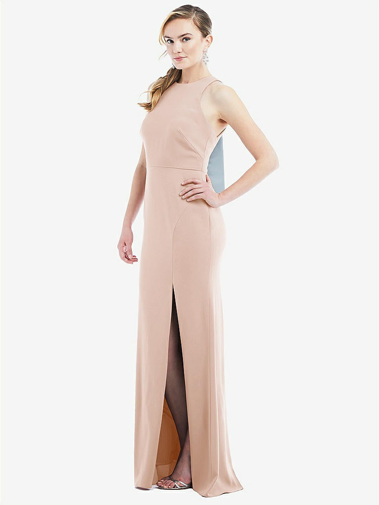 【STYLE: 3084】Cutout Open-Back Halter Maxi Dress with Scarf Tie【COLOR: Cameo & Mist】