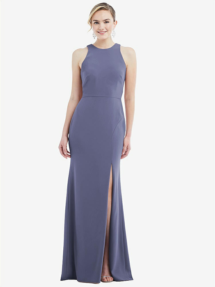 【STYLE: 3084】Cutout Open-Back Halter Maxi Dress with Scarf Tie【COLOR: French Blue & Mist】