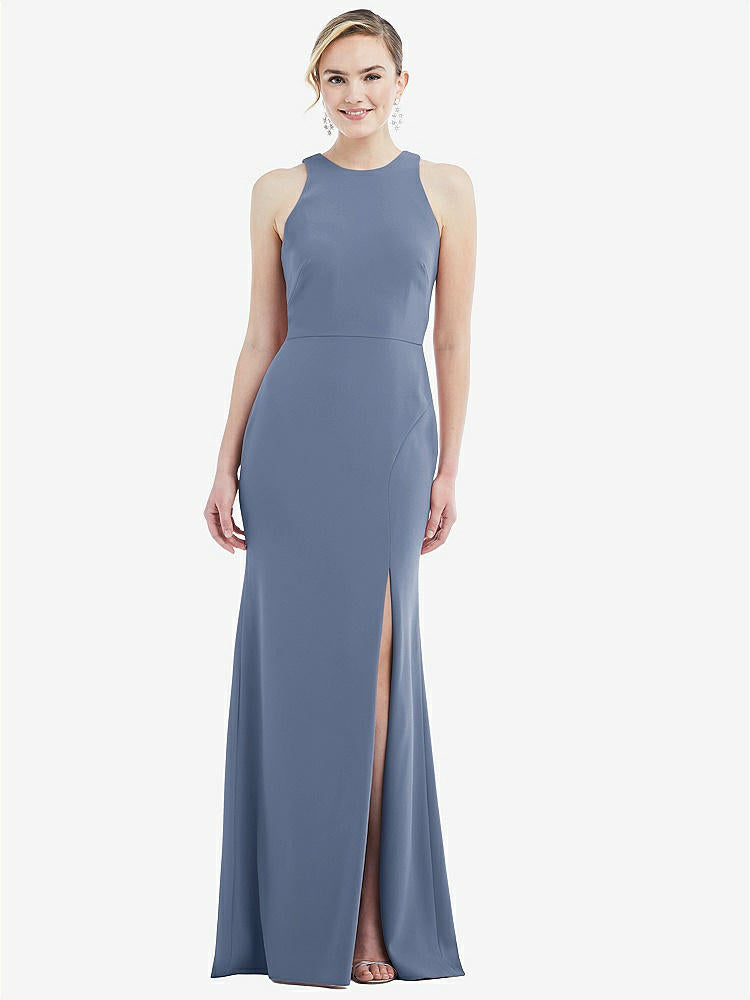 【STYLE: 3084】Cutout Open-Back Halter Maxi Dress with Scarf Tie【COLOR: Larkspur Blue & Mist】