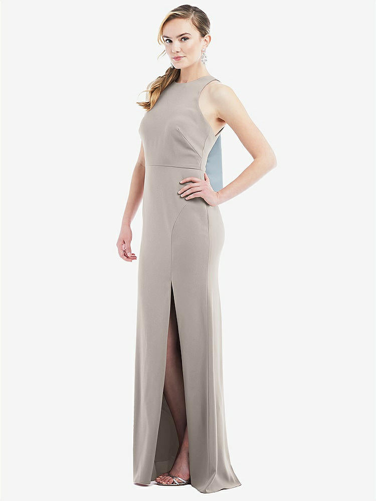 【STYLE: 3084】Cutout Open-Back Halter Maxi Dress with Scarf Tie【COLOR: Taupe & Mist】