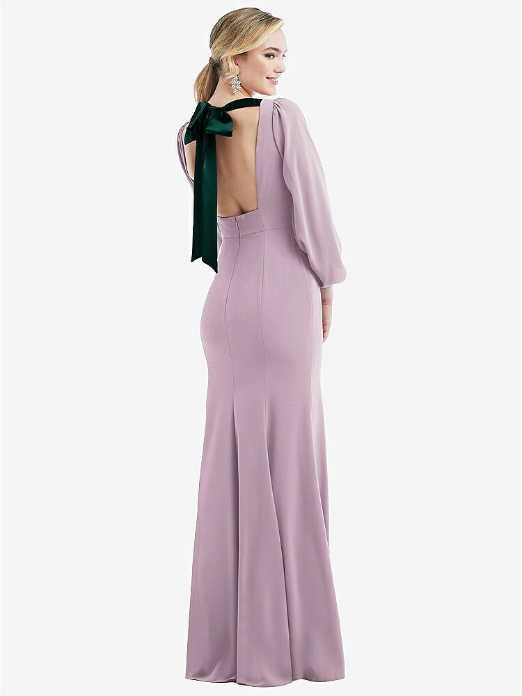 【STYLE: 3086】Bishop Sleeve Open-Back Trumpet Gown with Scarf Tie【COLOR: Suede Rose & Evergreen】