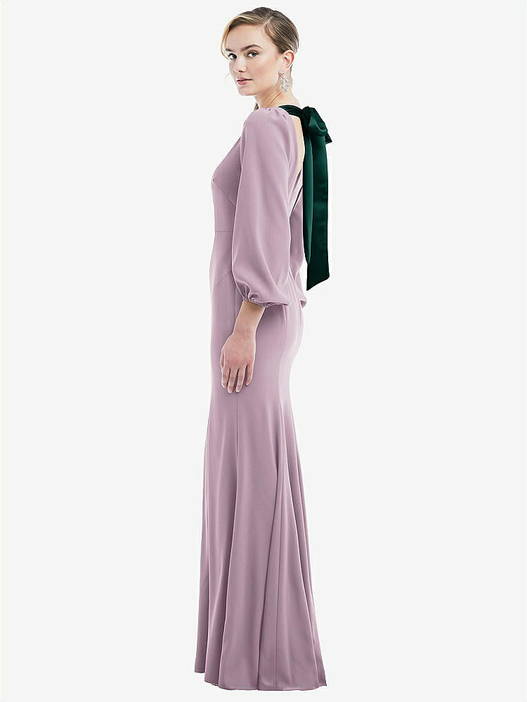 【STYLE: 3086】Bishop Sleeve Open-Back Trumpet Gown with Scarf Tie【COLOR: Suede Rose & Evergreen】